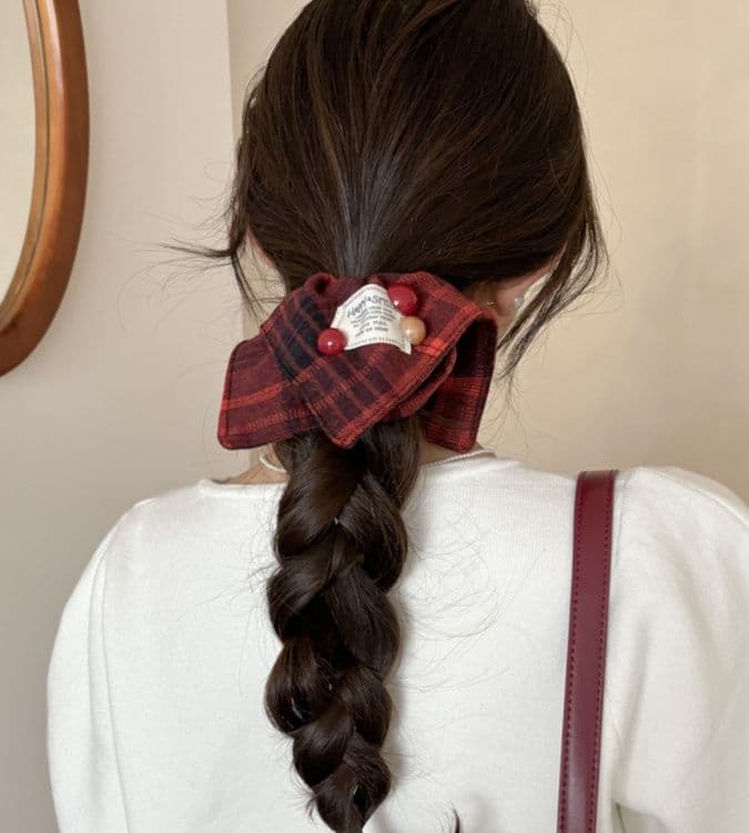 ヘアアクセサリー シュシュ 格子柄リボン風シュシュ
