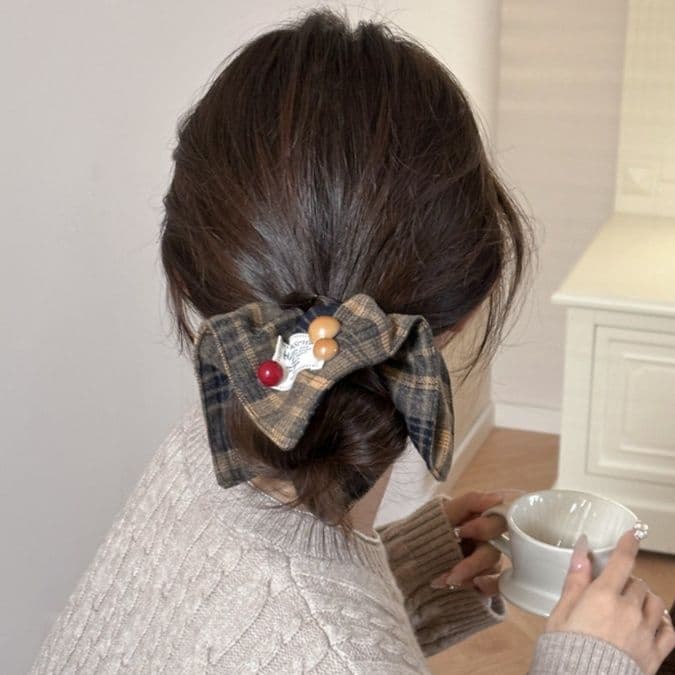 ヘアアクセサリー シュシュ 格子柄リボン風シュシュ