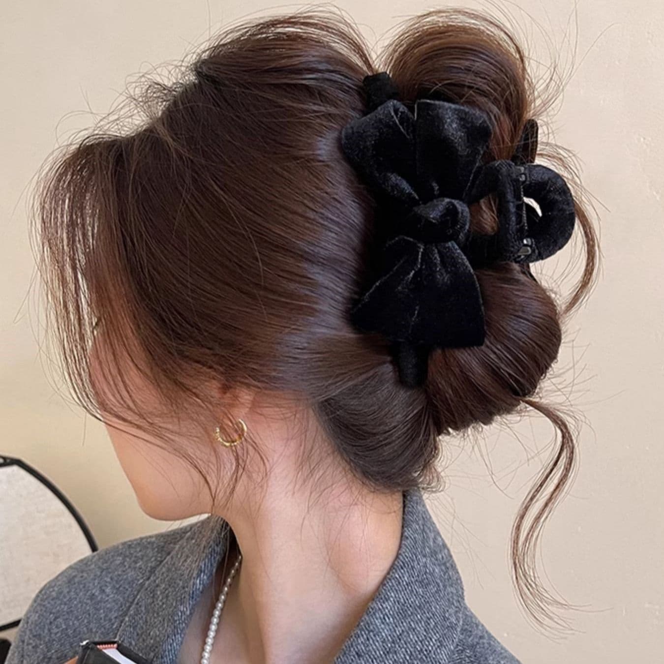 ヘアアクセサリー ベロア調ダブルリボンまとめ髪バレッタ