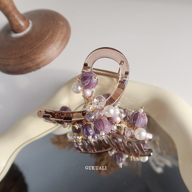 紫水晶パールヘアアクセサリー　上品ヘアクリップ