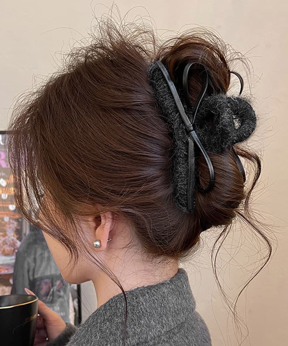 ヘアアクセサリー リボンバレッタ起毛質感大きめヘアクリップ秋冬