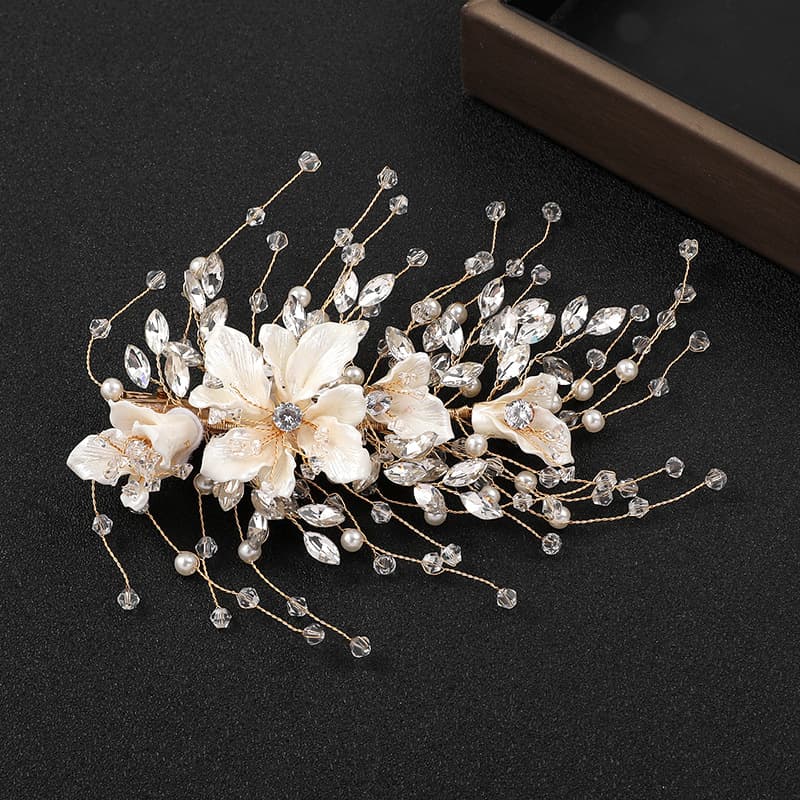 ヘアアクセサリー 花びら輝石と真珠の繊細枝葉装飾櫛