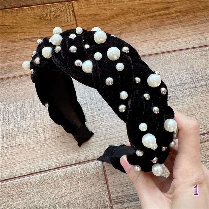 ヘアアクセサリー 真珠ビジュー付きベルベットカチューシャ髪飾り黒