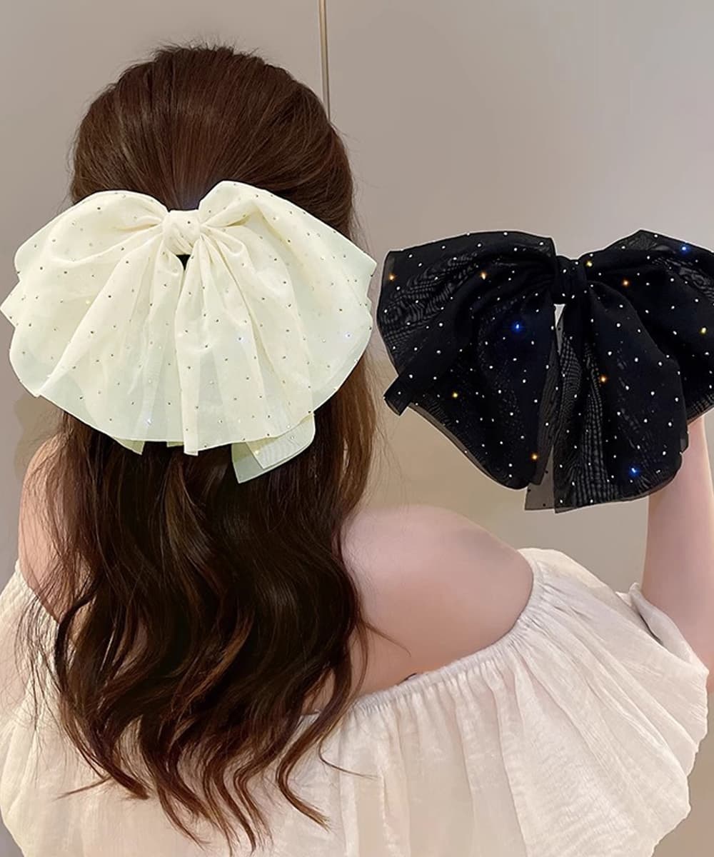 ヘアアクセサリー 大きめ煌めきリボンバレッタ上品ヘアクリップ