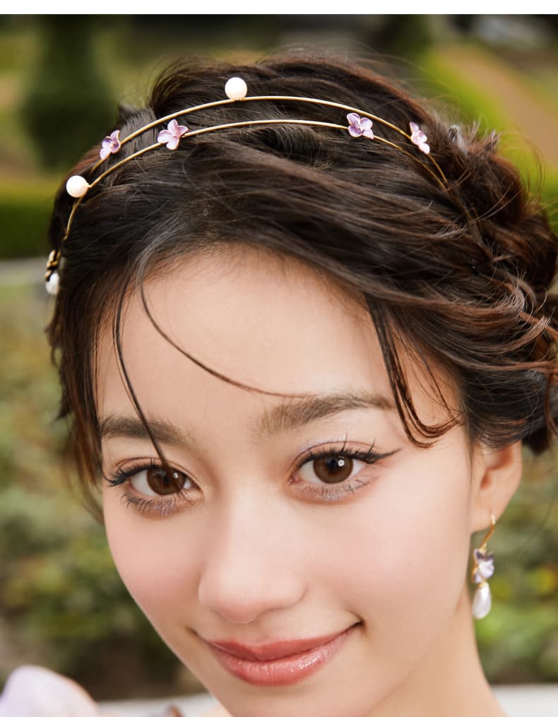 ヘアアクセサリー カチューシャ 小花と真珠の二重細線カチューシャ