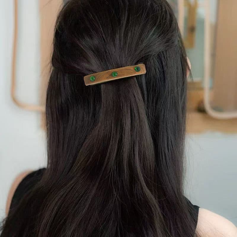ヘアアクセサリー 天然木製ビーズ装飾バレッタ