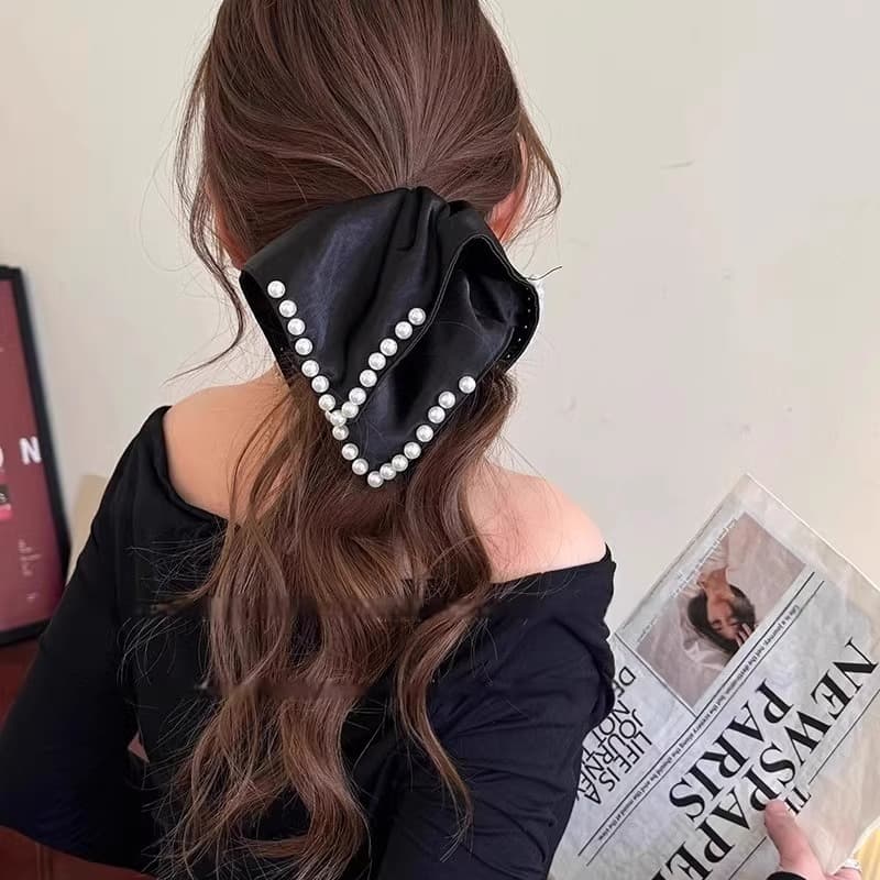 ヘアアクセサリー シュシュ 真珠縁取りリボンシュシュ