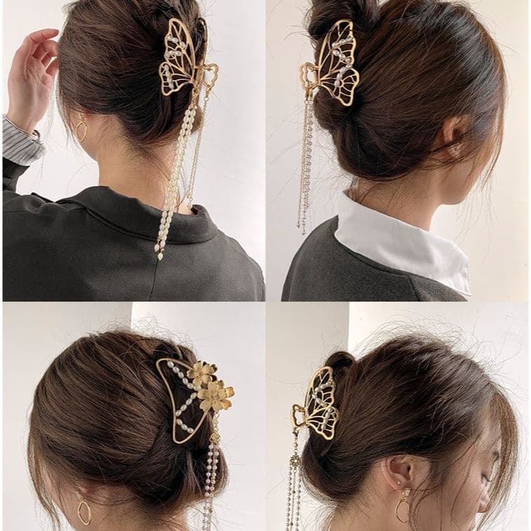 ヘアアクセサリー 蝶々モチーフ チェーンタッセル付きバレッタ
